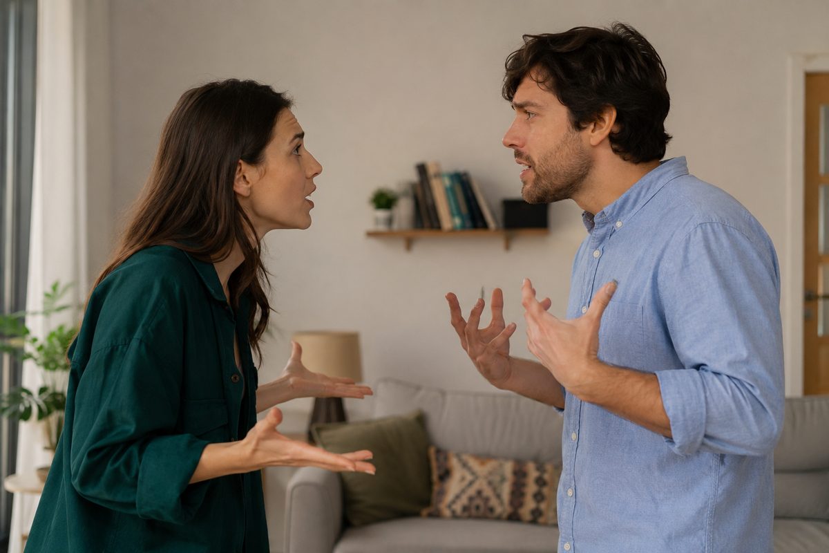 A couple in conflict, gesturing in frustration during an argument — illustrating the recurring distress phase of the trauma bond cycle